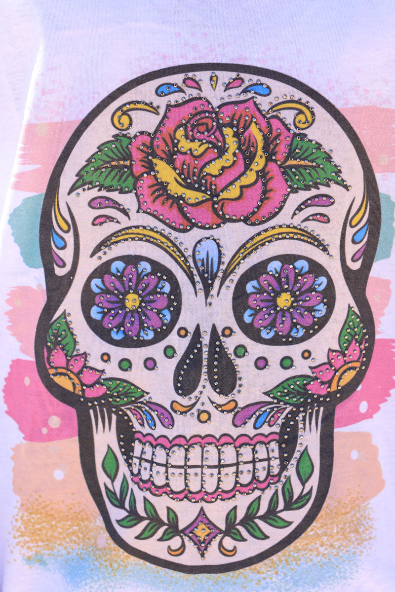 White t-shirt with colourful rhinestone Mexican skull design