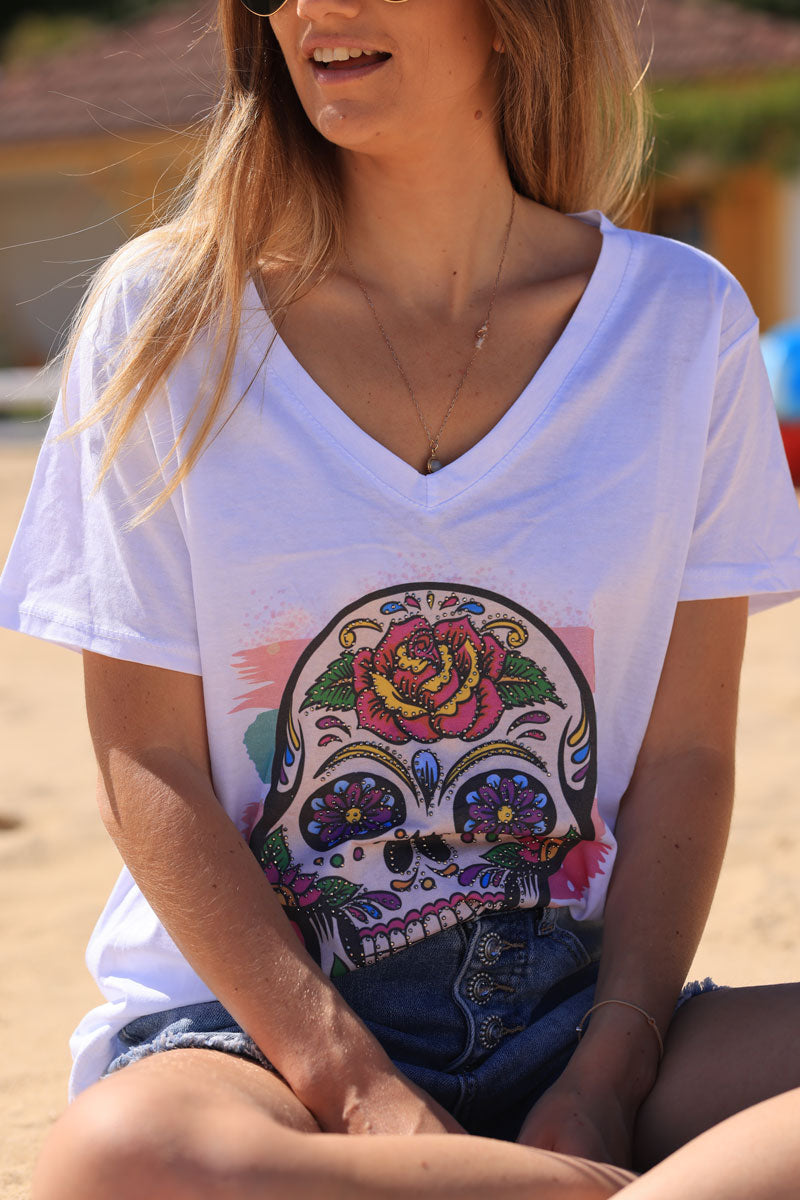 T-shirt blanc en coton col v tête mexicaine strass et peinture