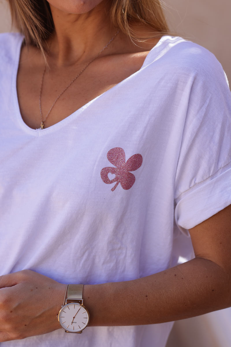 Pink short sleeve t-shirt with gold glitter clover logo