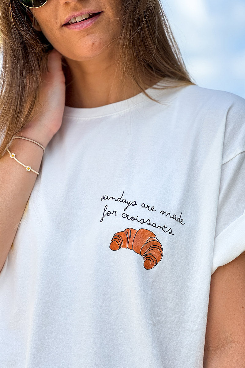 T-shirt blanc en coton imprimé Croissant et message Sundays