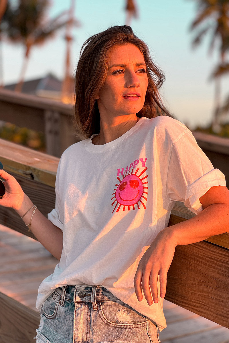 T-shirt blanc en coton imprimé Smiley Soleil Happy au dos