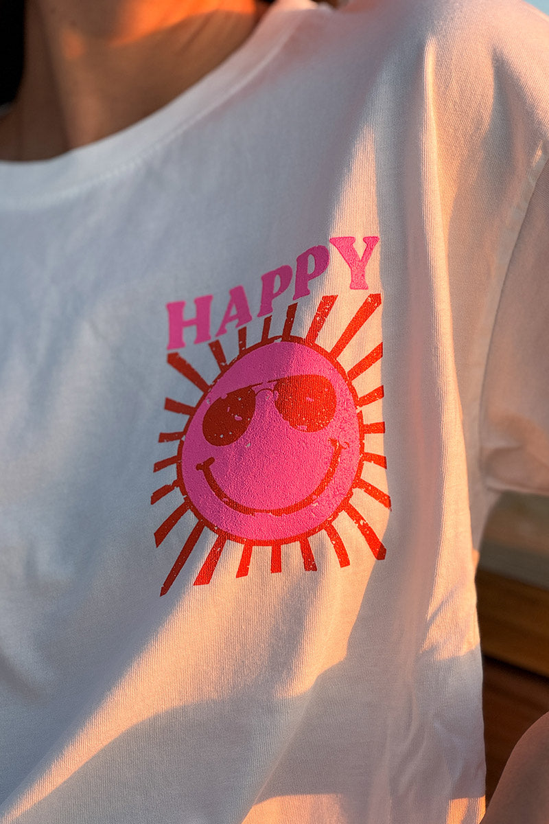 T-shirt blanc en coton imprimé Smiley Soleil Happy au dos