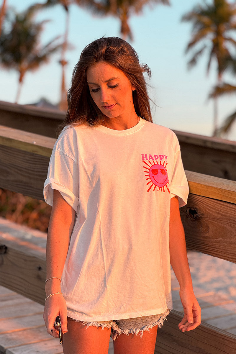 White Happy Sun Screen Print Tee