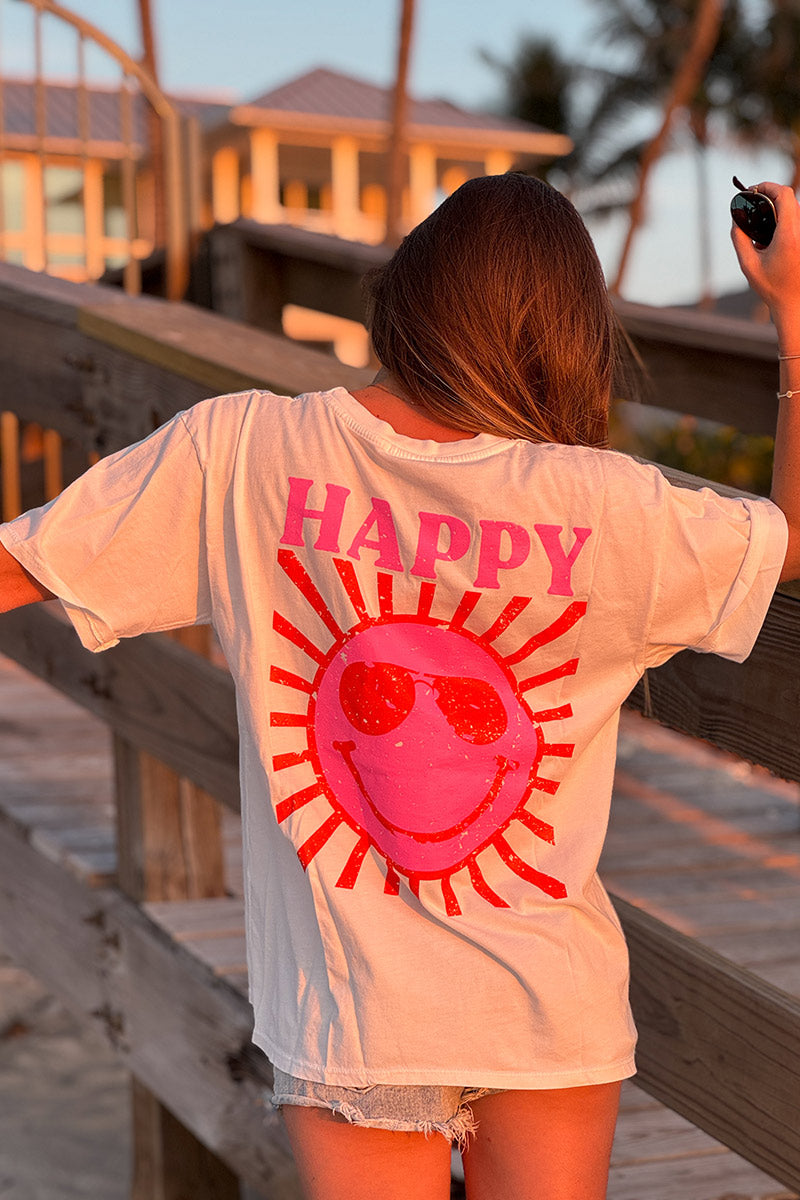 T-shirt blanc en coton imprimé Smiley Soleil Happy au dos