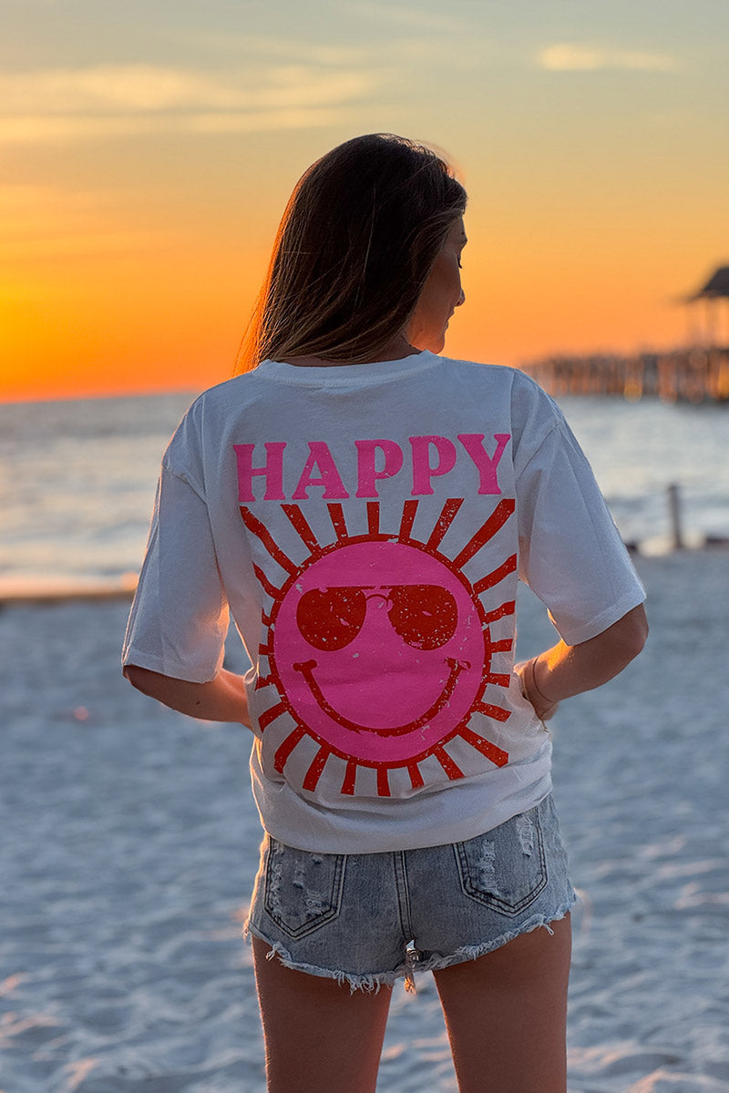 T-shirt blanc en coton imprimé Smiley Soleil Happy au dos