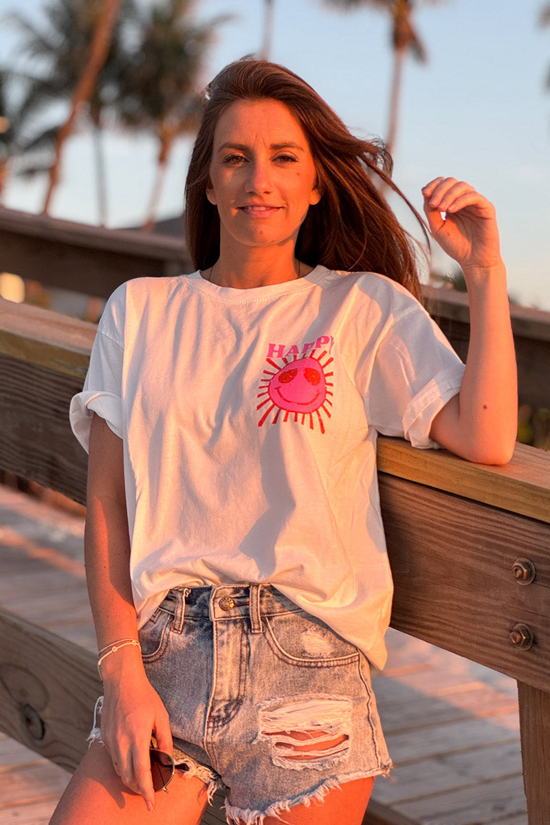 T-shirt blanc en coton imprimé Smiley Soleil Happy au dos