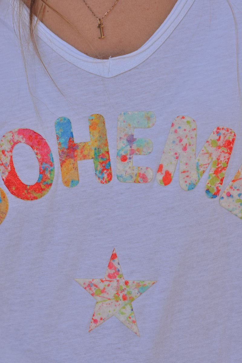 White Boho Heart Stretch V-Neck Tee
