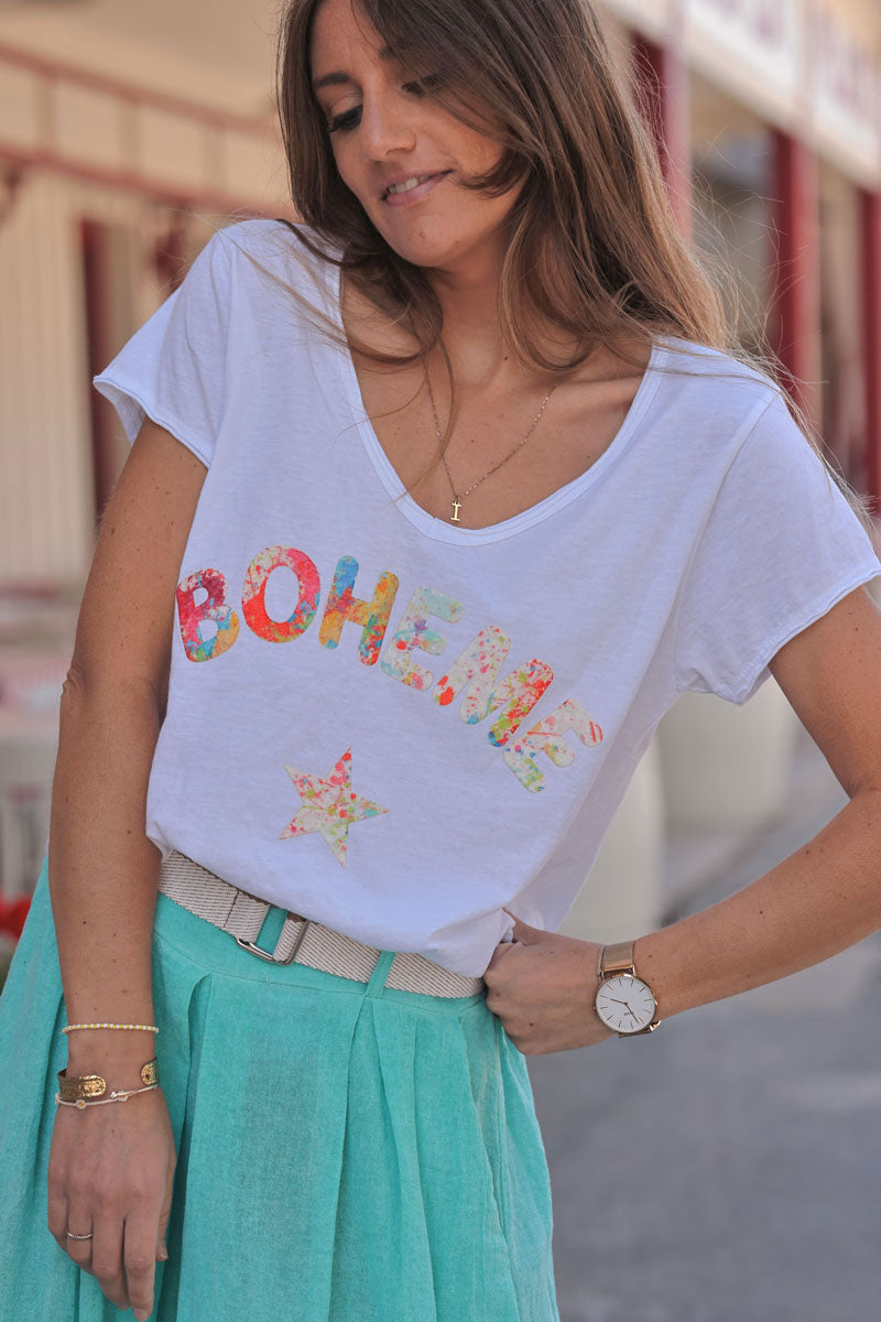 White Boho Heart Stretch V-Neck Tee