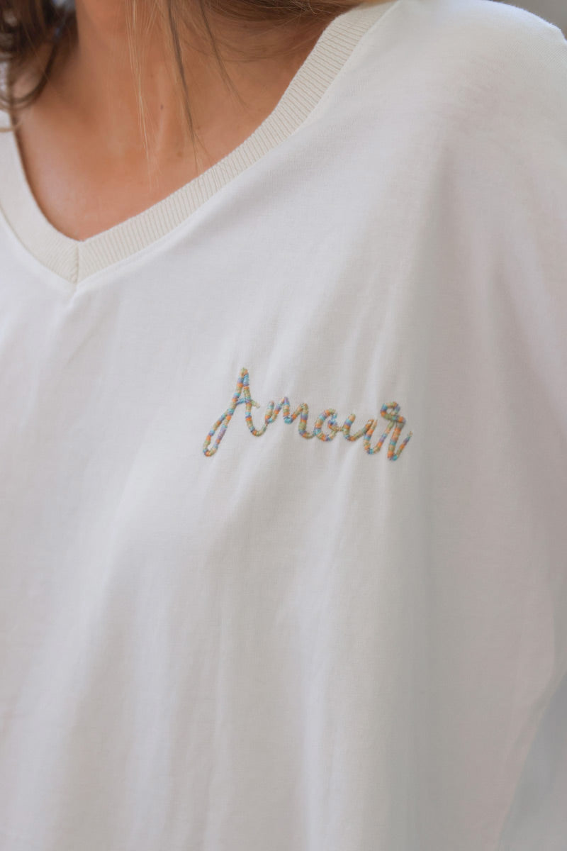 White “Amour” Long-Sleeve V-Neck Tee