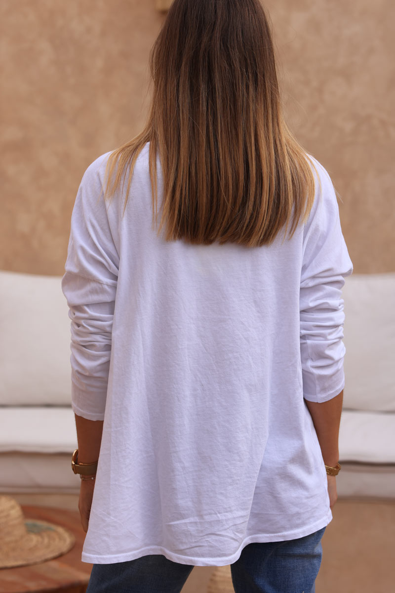 T-shirt blanc en coton manches longues logo rock rose et fleur strass