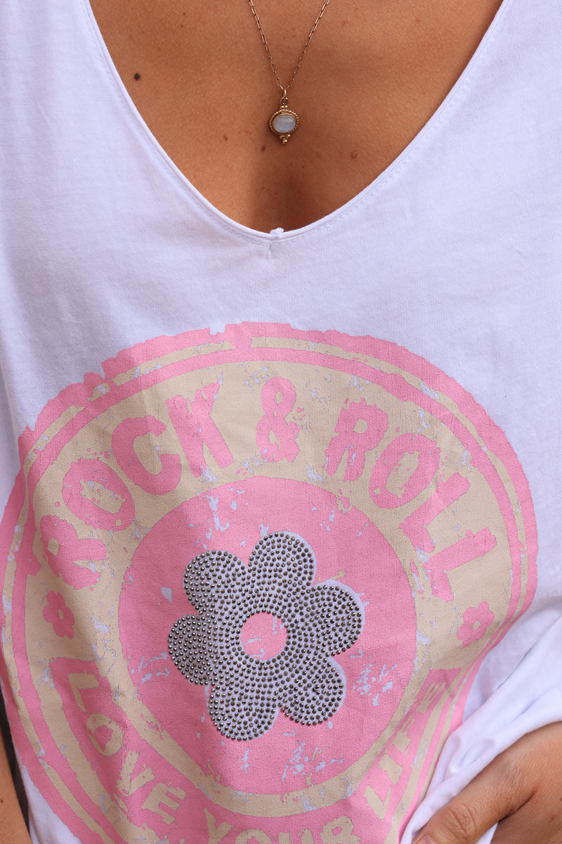 T-shirt blanc en coton manches longues logo rock rose et fleur strass