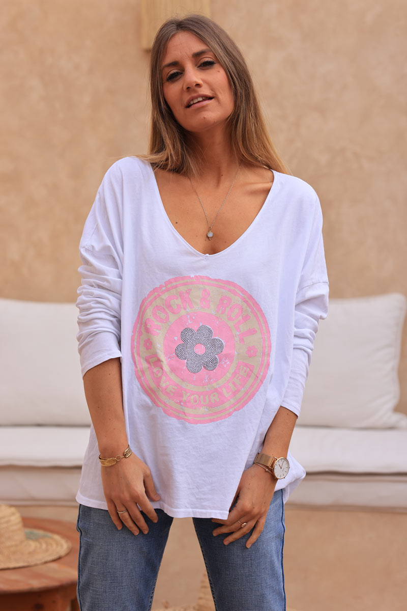 White cotton long sleeve top with pink rock and roll flower print
