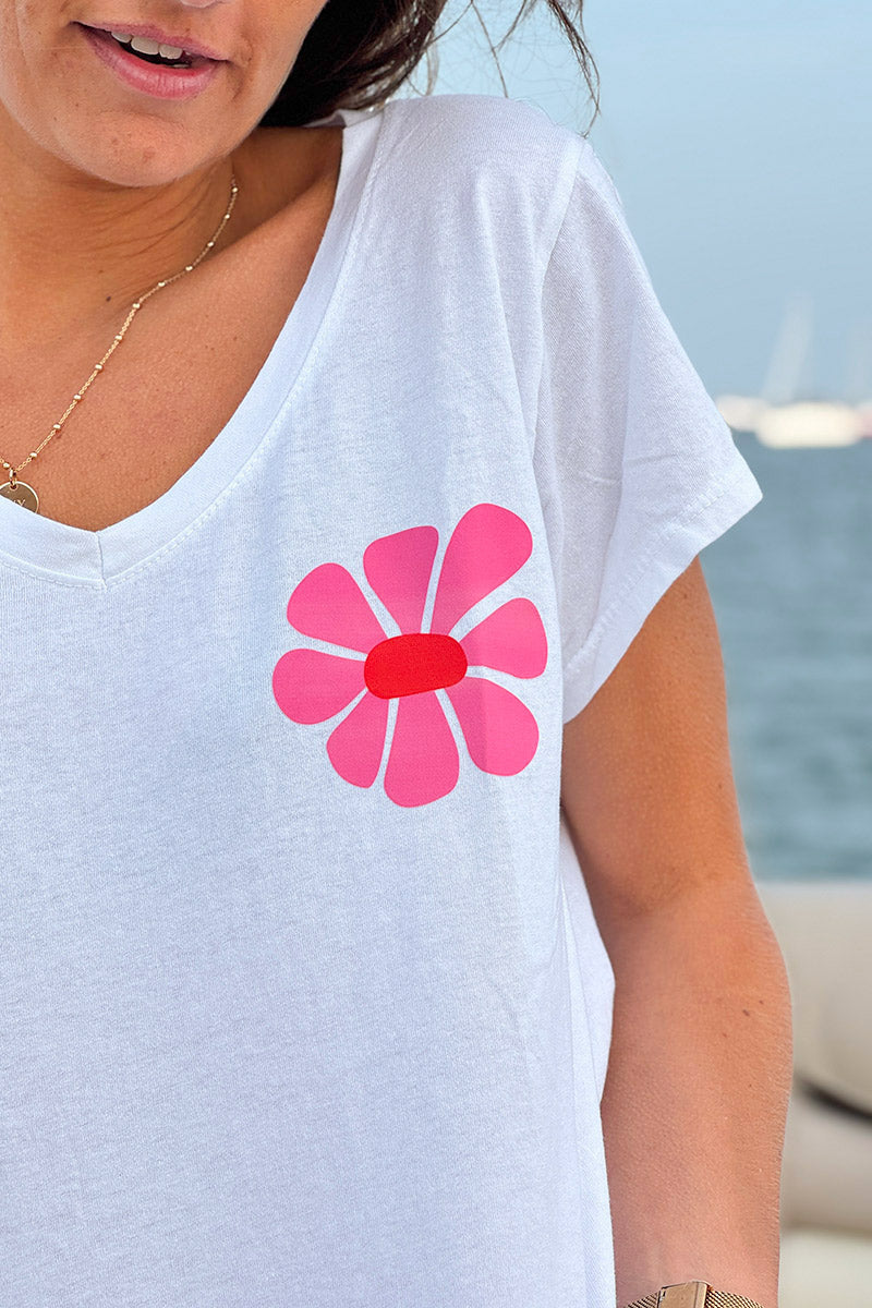 T-shirt blanc en coton marguerite et Made for More coloré au dos col v