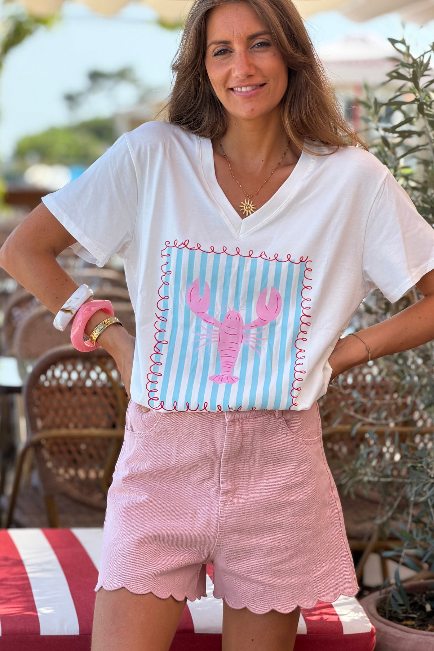 White Whimsical Lobster V-Neck Tee
