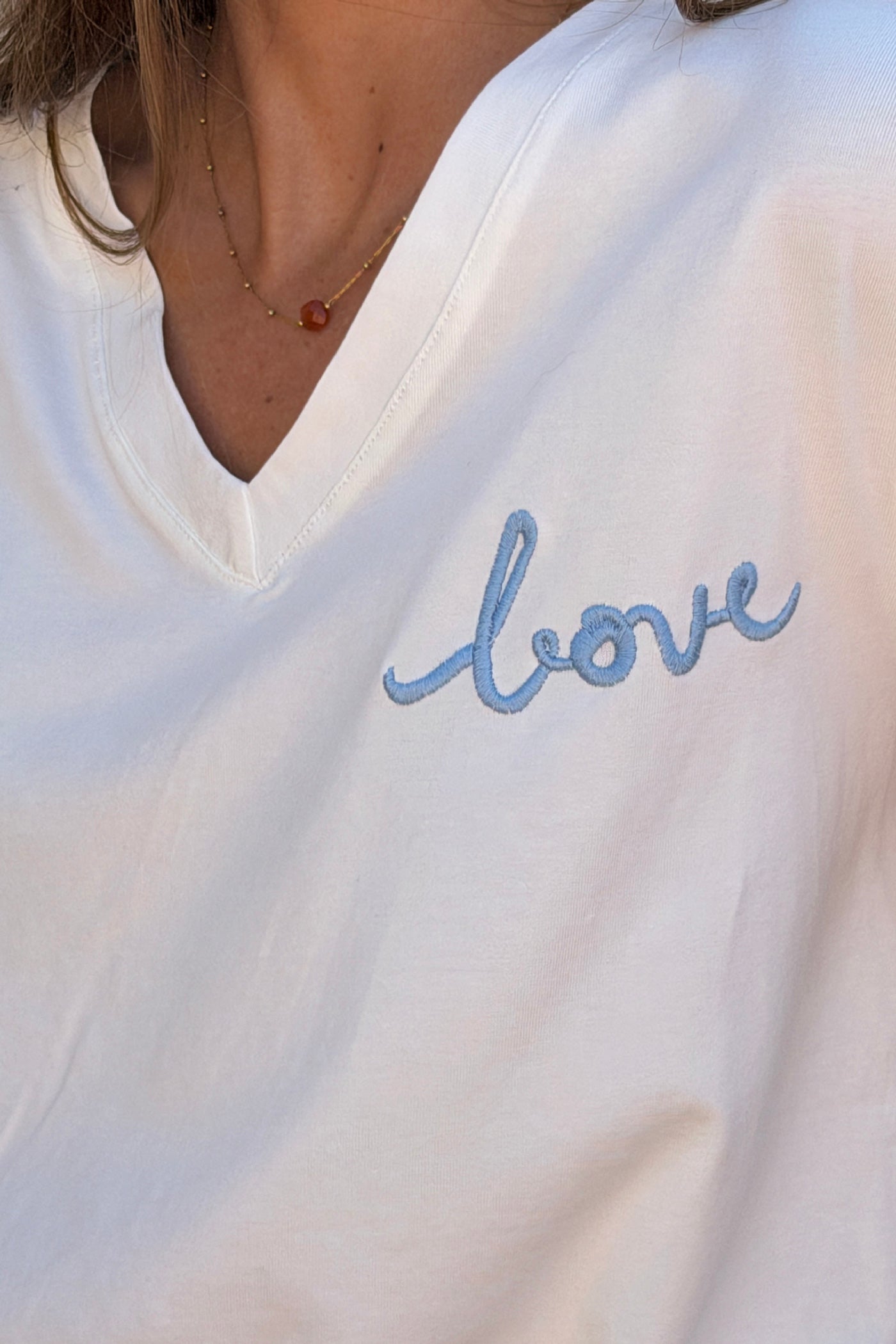 White / Blue V-Neck “Love in the Sun” Jersey Knit Tee