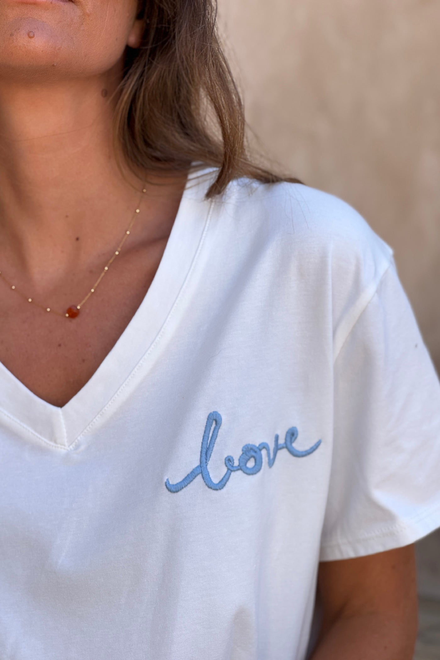 White / Blue V-Neck “Love in the Sun” Jersey Knit Tee
