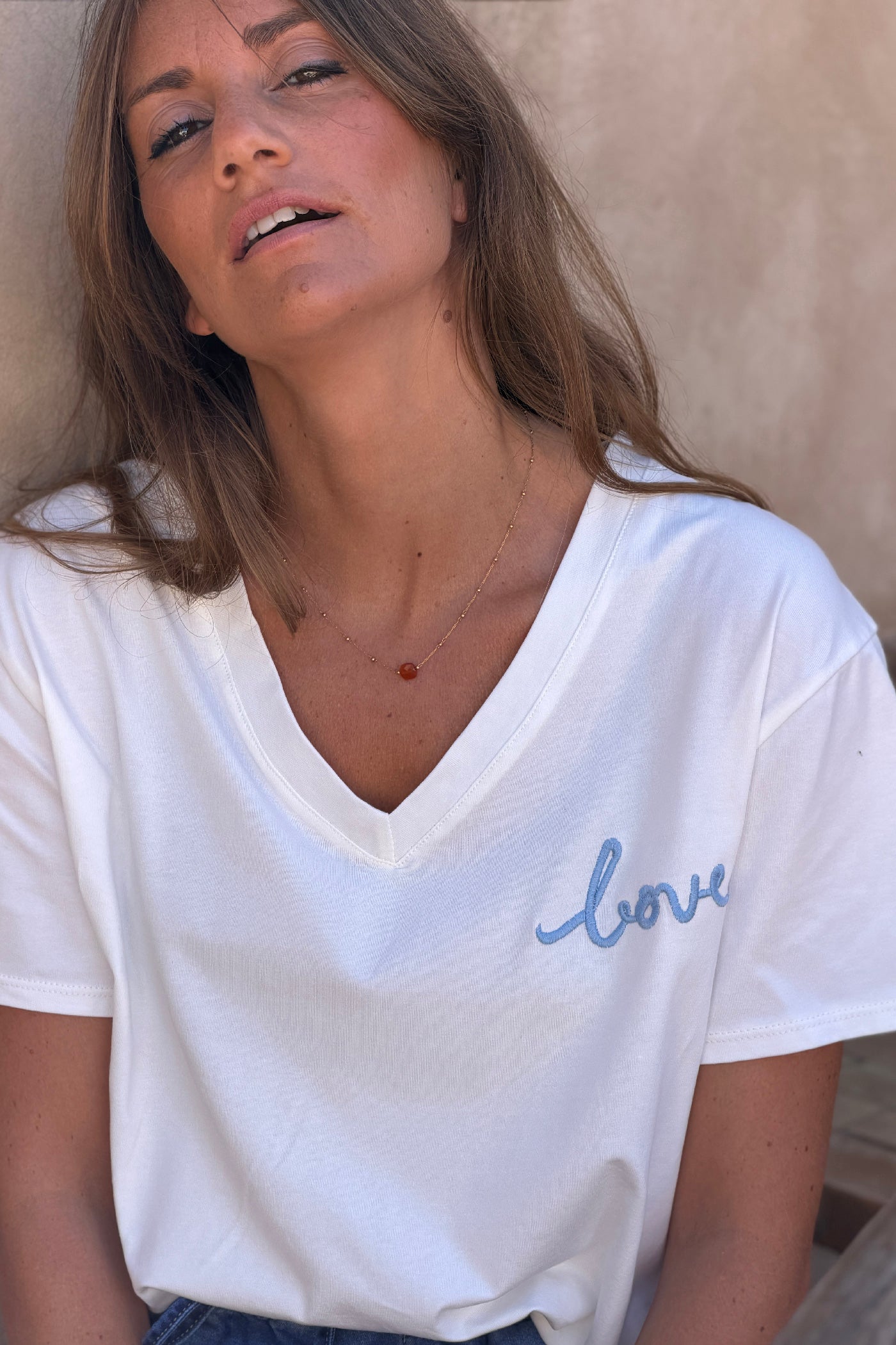White / Blue V-Neck “Love in the Sun” Jersey Knit Tee