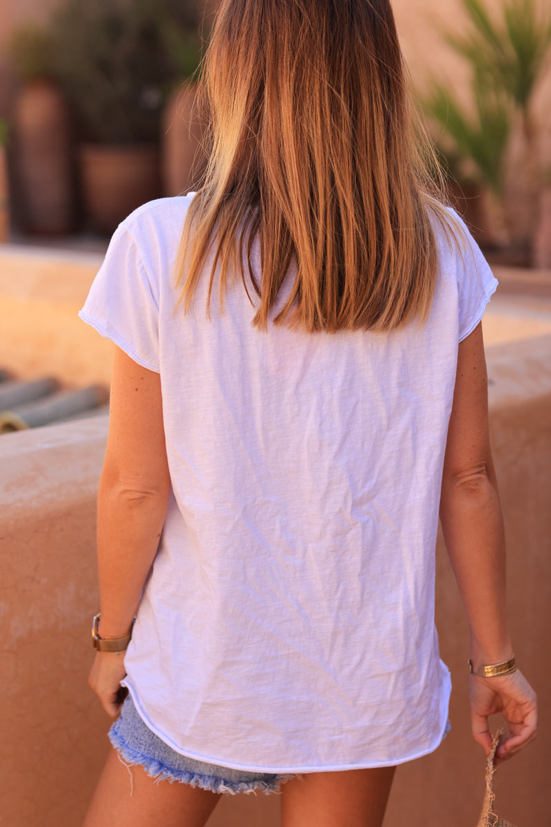 White relaxed fit t-shirt with floral sneaker print and rhinestones
