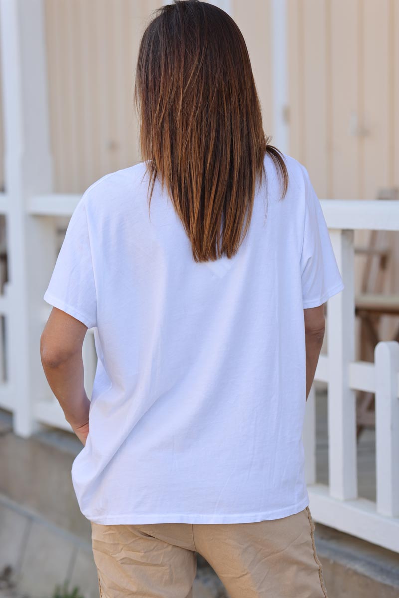 White cotton v-neck t-shirt with glitter fish design