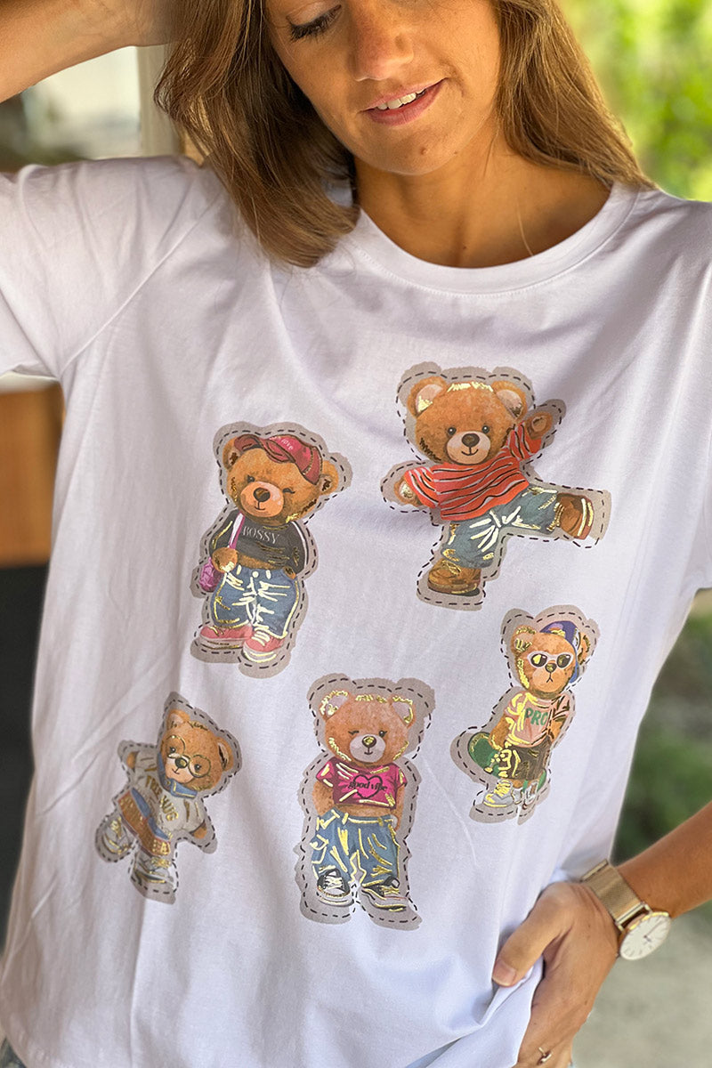 T-shirt blanc manches courtes col rond avec oursons styles