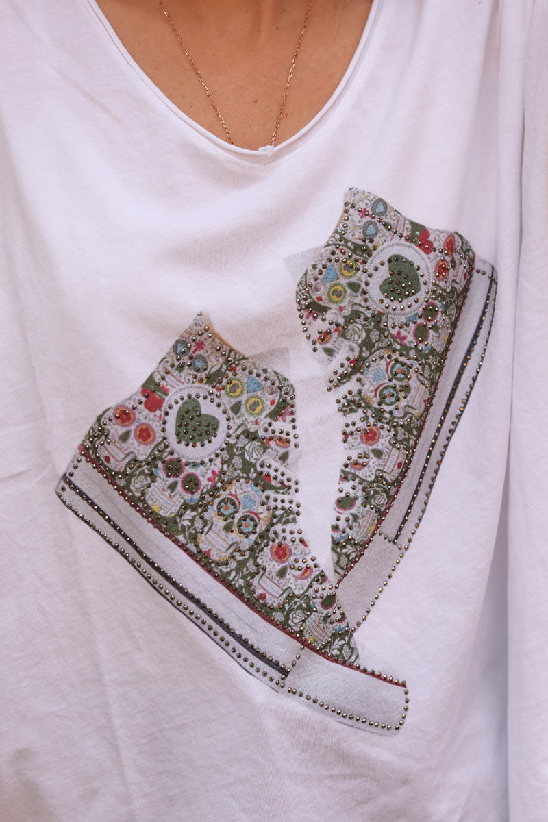 White relaxed fit t-shirt with khaki sneakers print and rhinestones