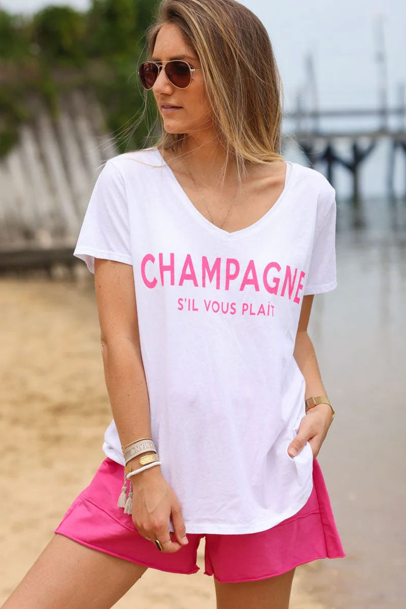 Tshirt blanc col v message champagne s'il vous plait rose fluo