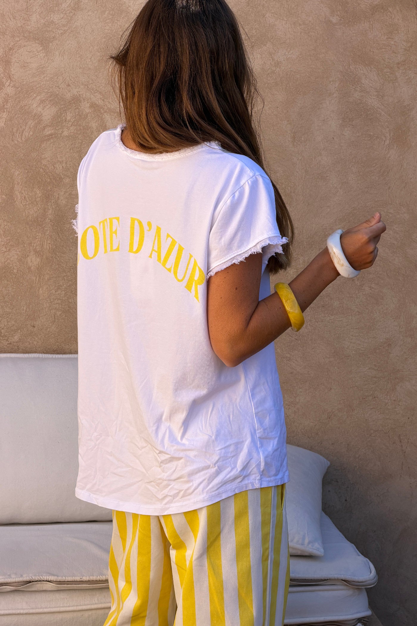 Tshirt blanc stretch et large vague et Cote d'Azur détail franges