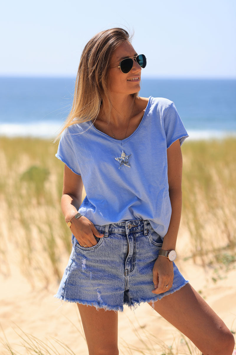 Sky blue cotton T-shirt with sequin star