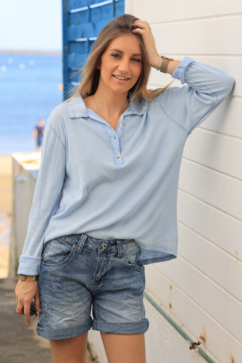 Sky blue long sleeve top with shirt collar and buttons