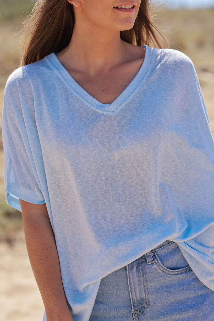 T shirt Bleu Ciel D lav Souple Large Et Loose Manches Courtes Chauve t-shirt-bleu-ciel-d-lav-souple-large-et-loose-manches-courtes-chauve