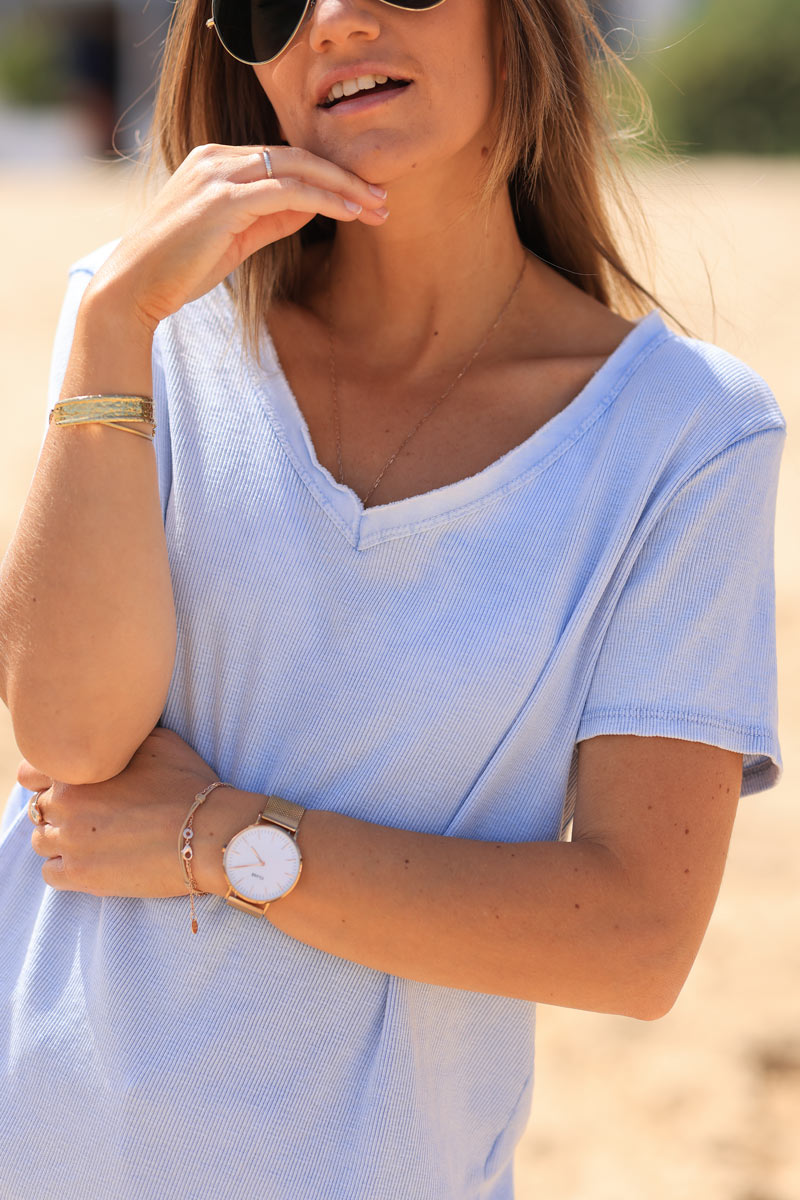 Sky blue faded ribbed t-shirt 'ILY to the moon and back'