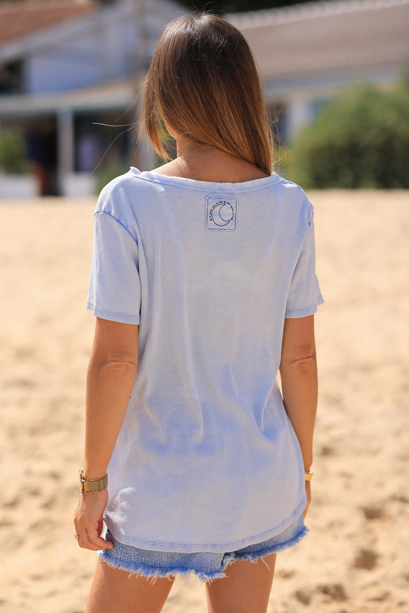 T-shirt bleu ciel coton stretch côtelé ILY to the moon and back