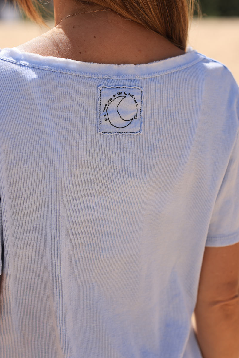 T-shirt bleu ciel coton stretch côtelé ILY to the moon and back