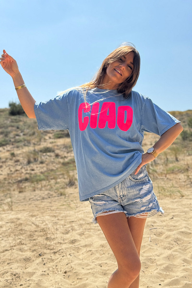 Tshirt bleu jean délavé CIAO rose fluo col rond