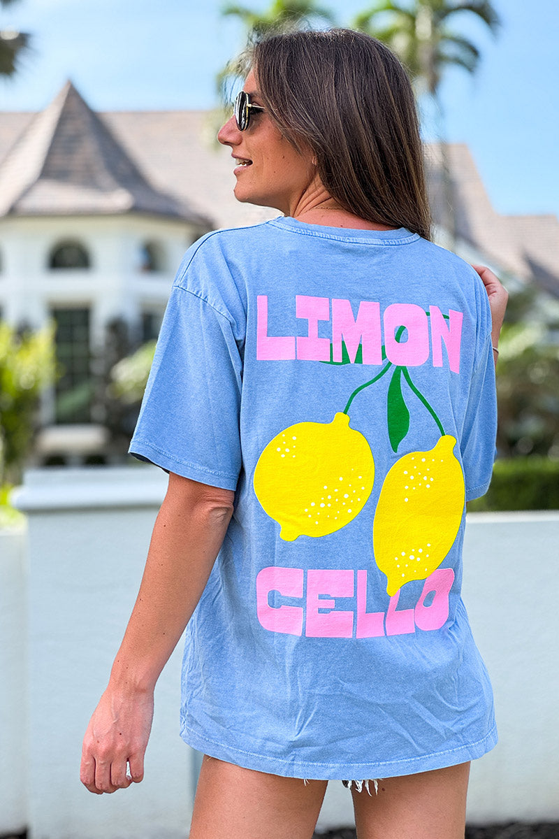 T-shirt bleu jean délavé en coton imprimé citrons Limoncello coloré col rond