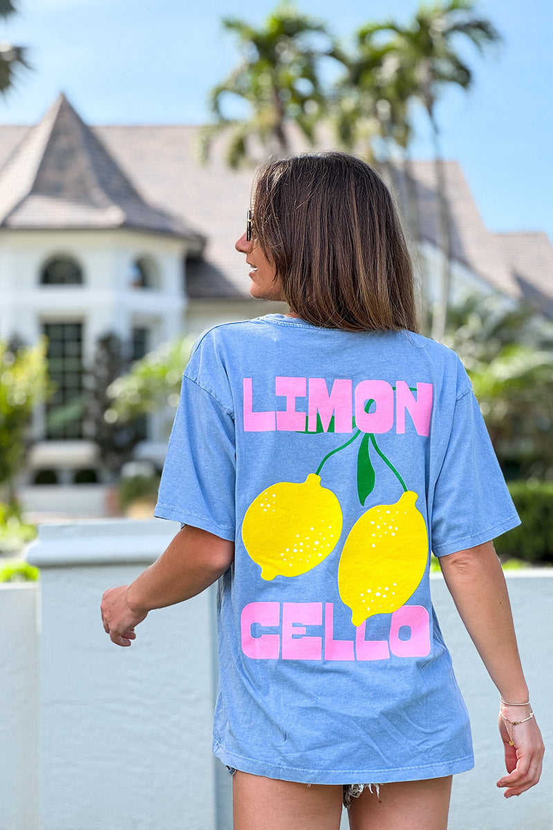 T-shirt bleu jean délavé en coton imprimé citrons Limoncello coloré col rond