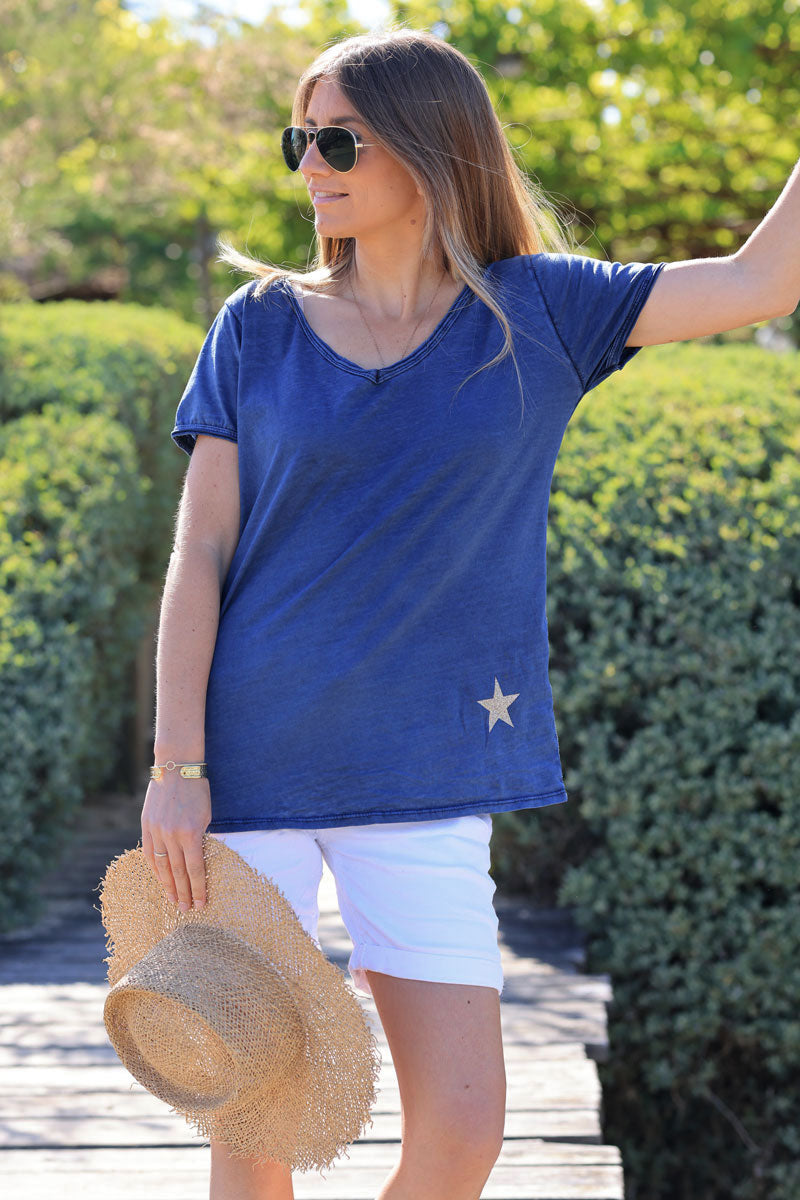 Navy blue cotton t-shirt with glitter star detail