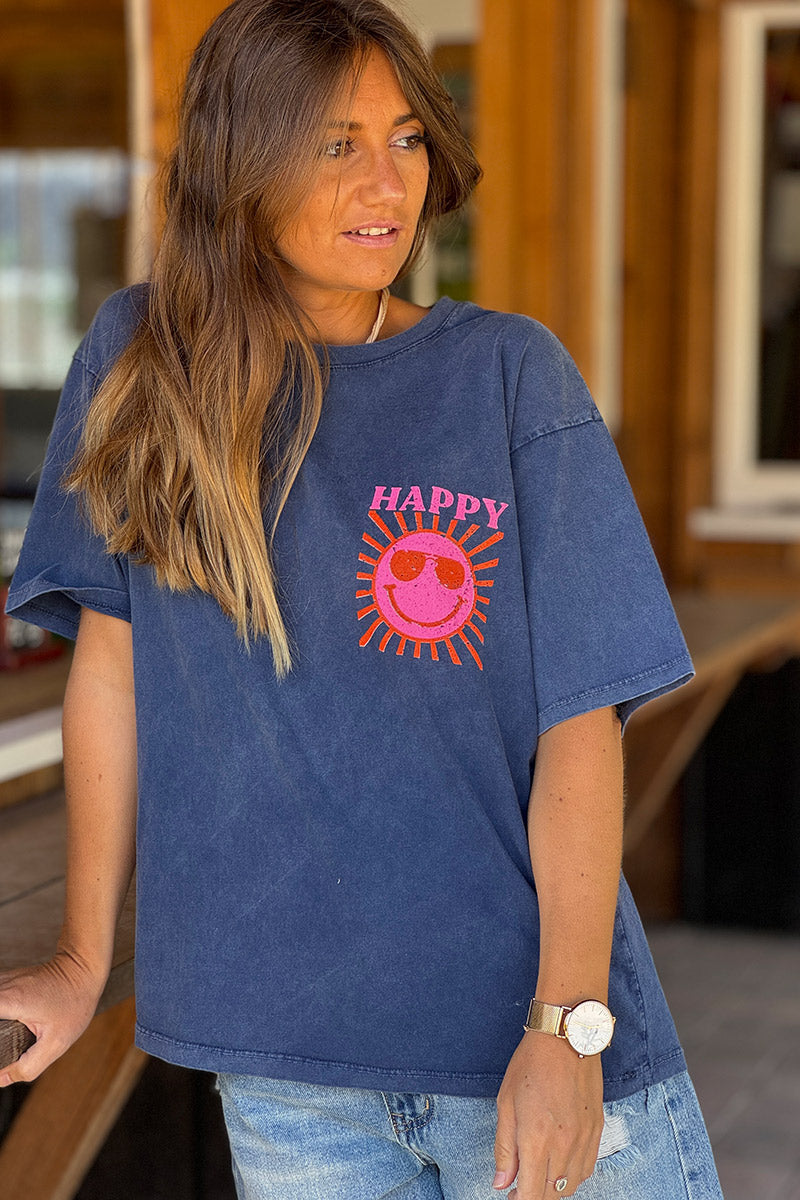 T-shirt bleu marine délavé en coton imprimé Smiley Soleil Happy au dos
