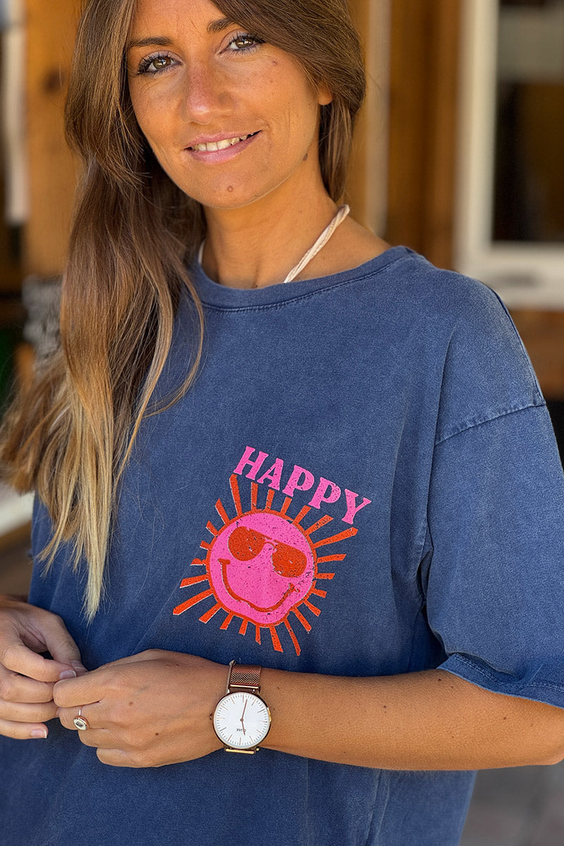 T-shirt bleu marine délavé en coton imprimé Smiley Soleil Happy au dos