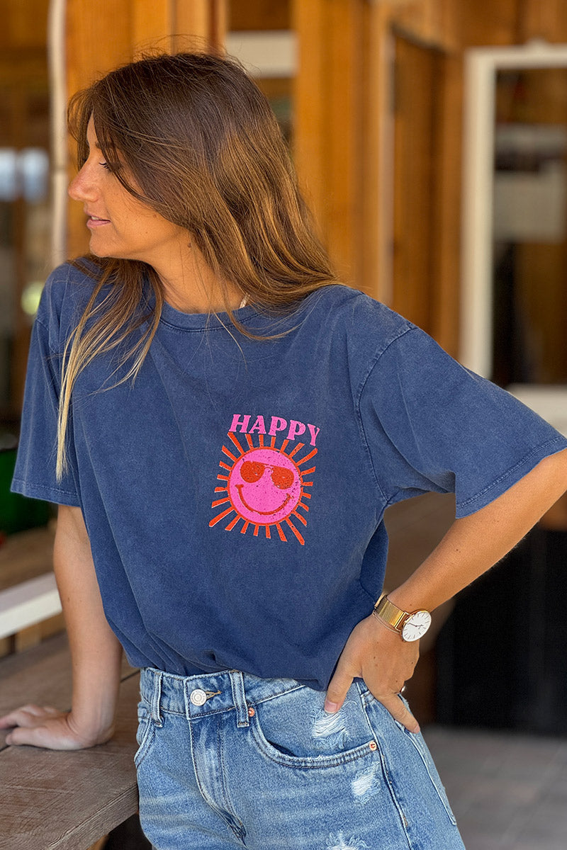 T-shirt bleu marine délavé en coton imprimé Smiley Soleil Happy au dos