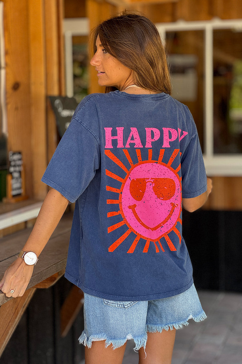 T-shirt bleu marine délavé en coton imprimé Smiley Soleil Happy au dos