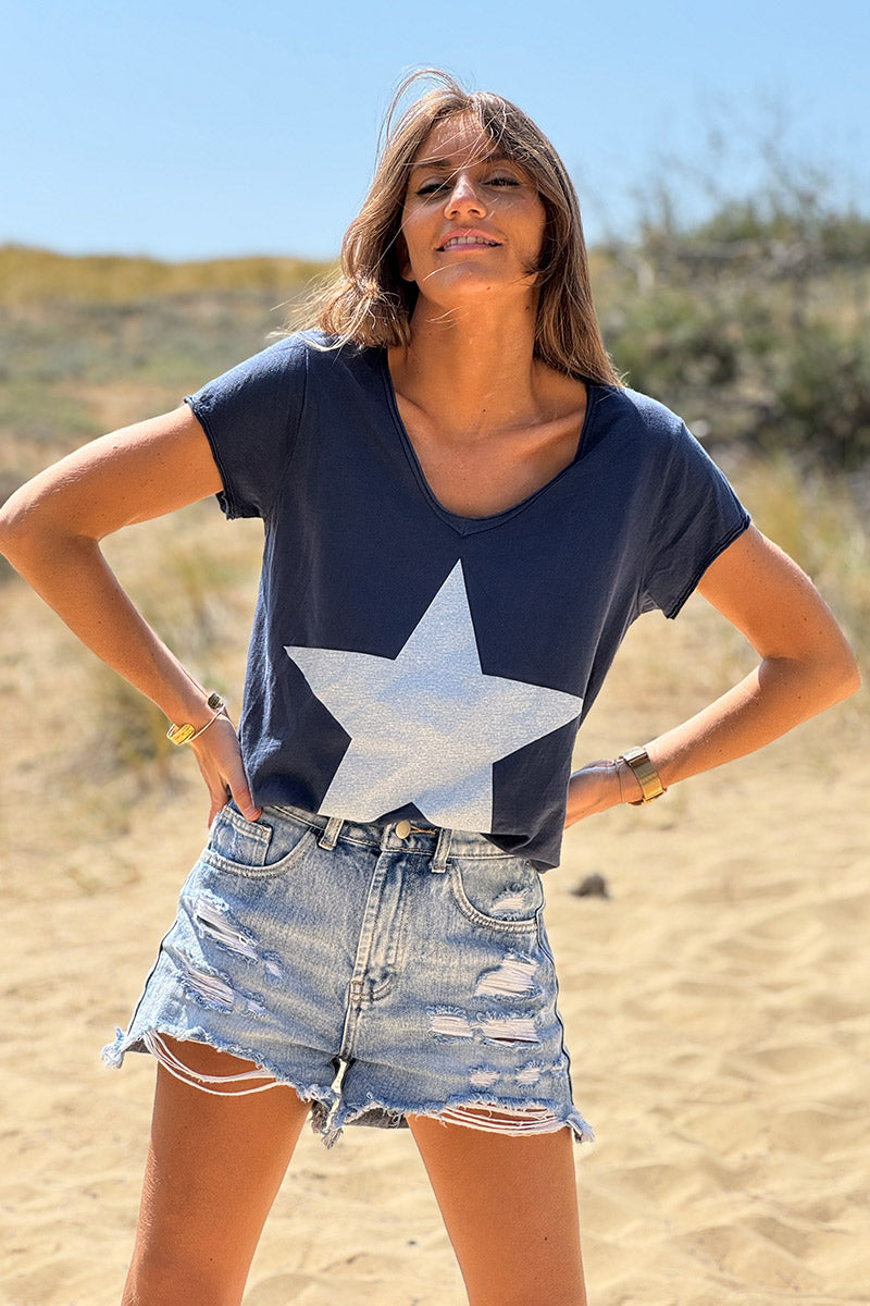Navy blue Star Lightweight V-Neck Tshirt
