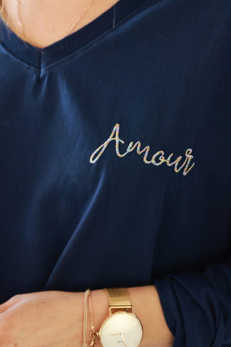 Navy blue “Amour” Long-Sleeve V-Neck Tee