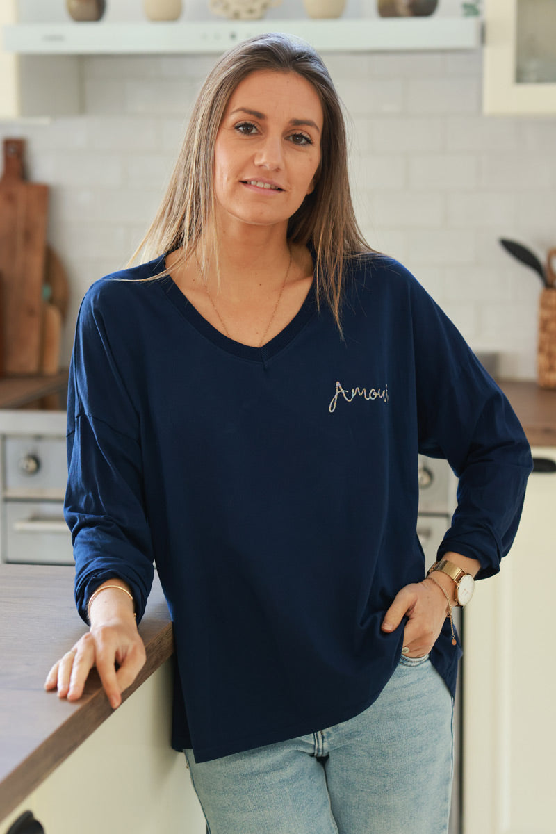 Navy blue “Amour” Long-Sleeve V-Neck Tee