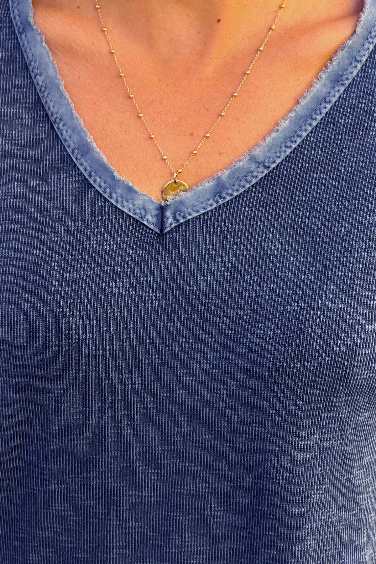 Navy Butter Knit Velvet Trim V-Neck Top