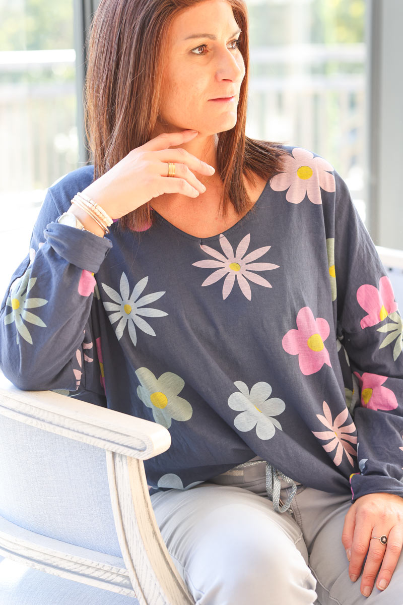 Navy blue cotton long sleeve top with colourful flowers