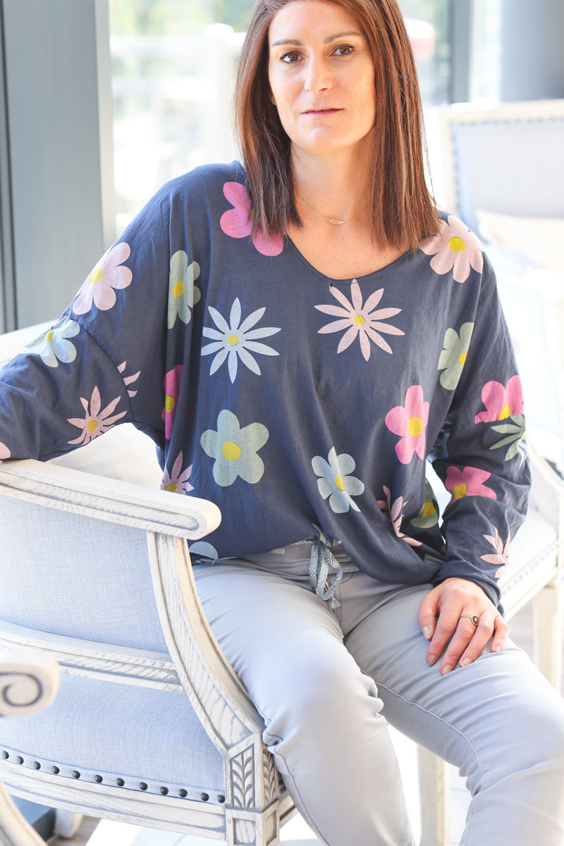Navy blue cotton long sleeve top with colourful flowers