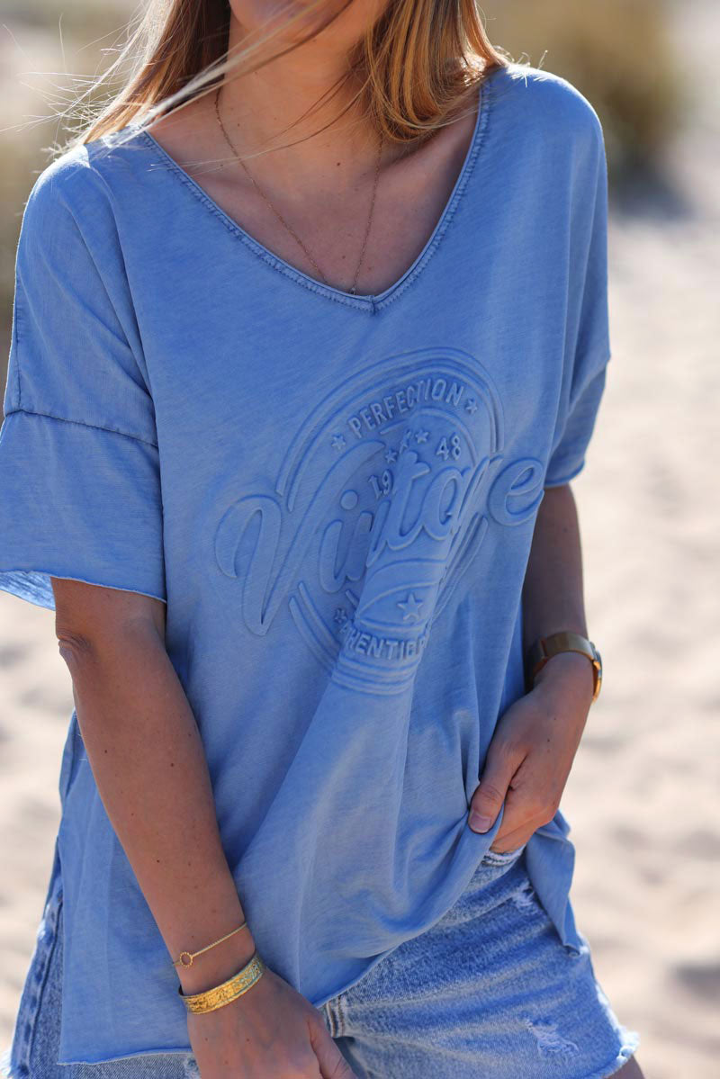 Tshirt bleu roi loose manches courtes logo vintage relief