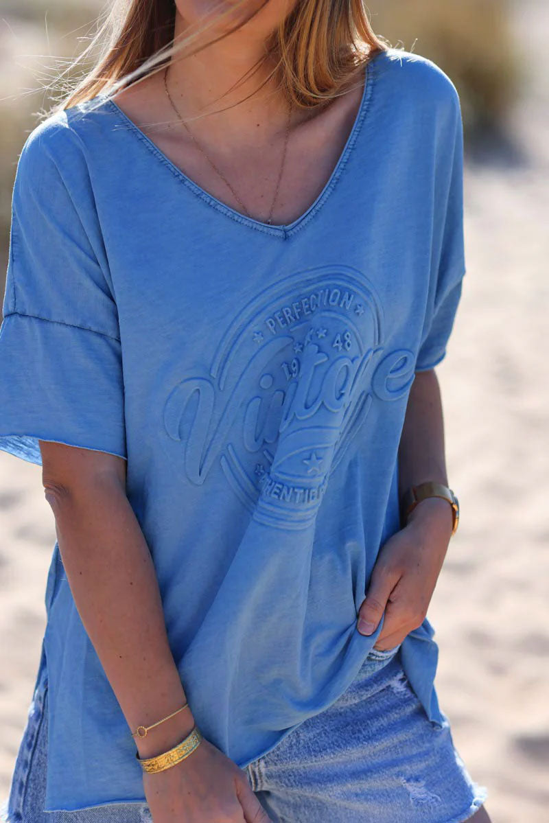Tshirt bleu roi loose manches courtes logo vintage relief