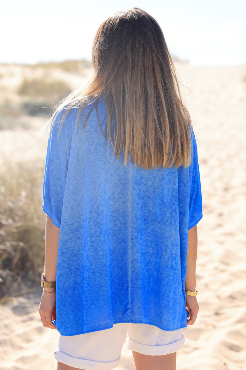 Camiseta azul real lavada suave, ancha y holgada, manga corta de murciélago